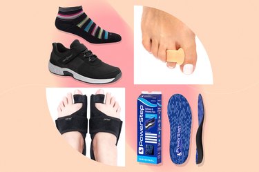 a collage of some of the best bunion correctors on a peach background