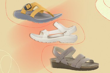 collage of three of the best sandals for bunions on a peach and yellow background
