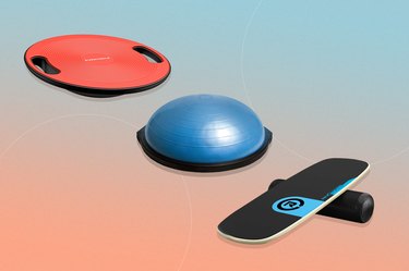 collage of the best balance boards isolated on a blue and pink background