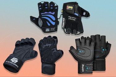 collage of the best weightlifting gloves isolated on a light blue and pink background