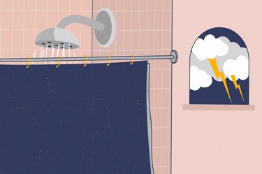 illustration of a light pink bathroom with the shower running and a window showing a thunderstorm outside