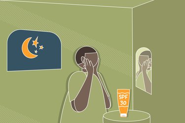 iIllustration of a person putting on sunscreen at night in a green bathroom