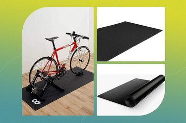 collage of the best bike mats on a green and teal background