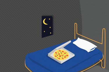 illustration of pizza box on bed with blue comforter in gray bedroom with window showing moon and stars