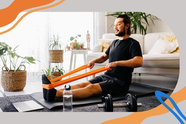 person doing 4-week resistance band challenge with bright orange resistance band at home